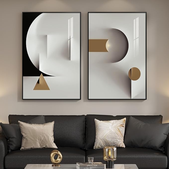 Large Framed Modern Elegant Abstract Wall Art, 2 Piece Black White Gold Geometric Prints Paintings Artwork for Walls, Minimalist Wall Pictures for Living Room Dining Bedroom Hallway Wall Decor 24x36 In