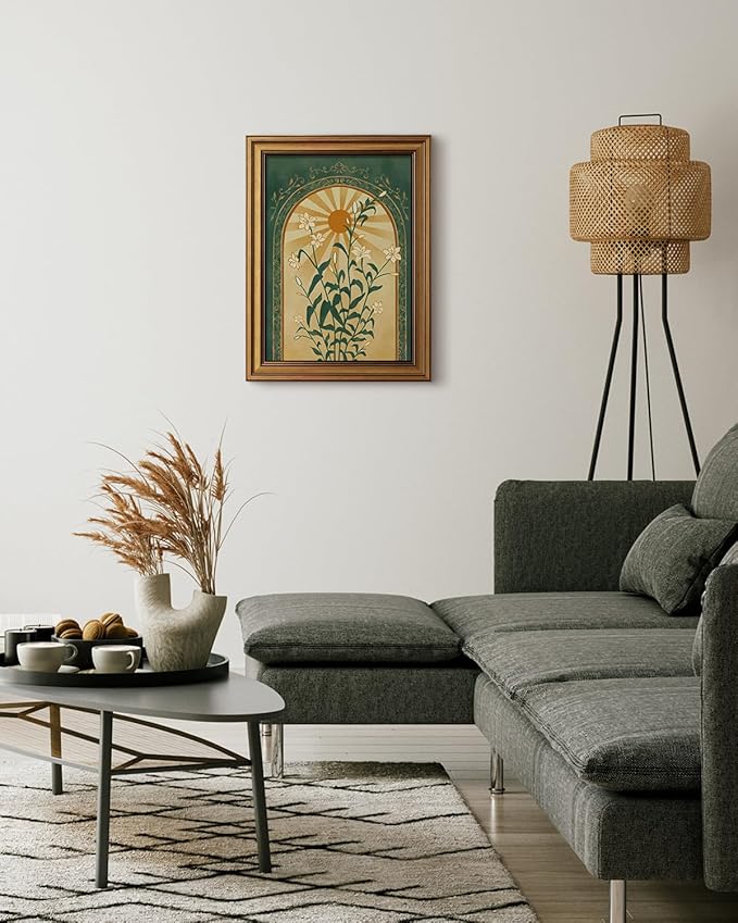 HUARCEY Gold Framed Canvas Wall Art, Sun Botanical Picture Decor, Living Room Bedroom Emerald Green Boho Art, Rustic Vintage Moody Mystical Folk Art Canvas Paintings, 12x16inch