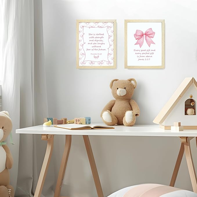 LARTSFRO Coquette Pink Bow Jesus Wall Art Decor Posters, Pink Bow Room Bedroom Bathroom Dorm Wall Art Decor Aesthetic for College Teen Girls Gifts, Inspirational Bible Verses Bow Wall Decor, 10x8 Inch Set of 4 Pcs Bow Pictures (WOOD-GRAIN FRAMED)