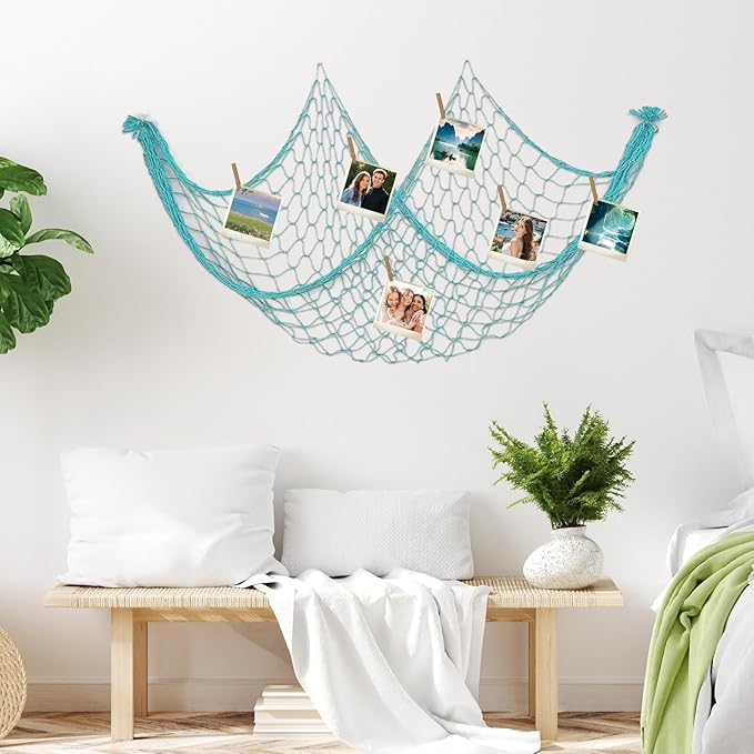 2 PCS Fish Net Decorations, 80 x 40 Inch, Ocean Themed Party Decor Beach, Nautical Wall Hanging Fishing Net for Coastal Bedroom, Bathroom, or Under The Sea Party Decorations (Aqua)