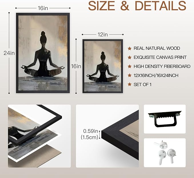 GELDSTEI Wood Framed Zen Wall Art, Modern Yoga Girl Canvas Painting, Tranquil Meditation Wall Decor, Spiritual Aesthetic Picture, Calming Mindfulness Poster Prints for Living Room Spa Yoga 16x24 Inch
