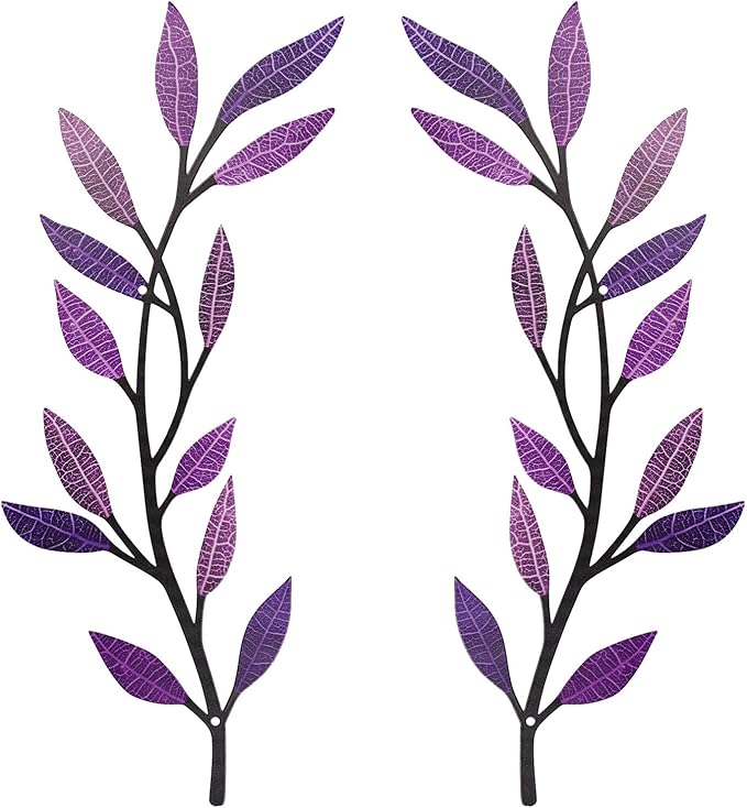 Metal Tree Leaf Wall Decor 2 PCS Rustic Vine Branch Leaf Wall Art for Living Room Bedroom Bathroom Decorations - Dazzling Purple