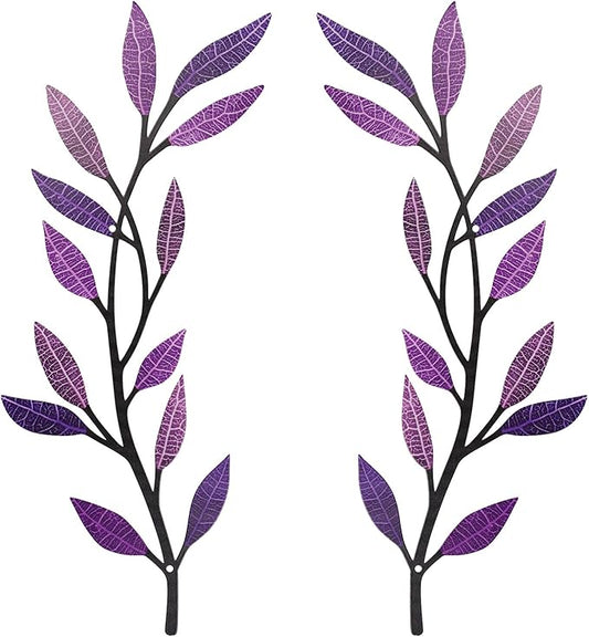 Metal Tree Leaf Wall Decor 2 PCS Rustic Vine Branch Leaf Wall Art for Living Room Bedroom Bathroom Decorations - Dazzling Purple