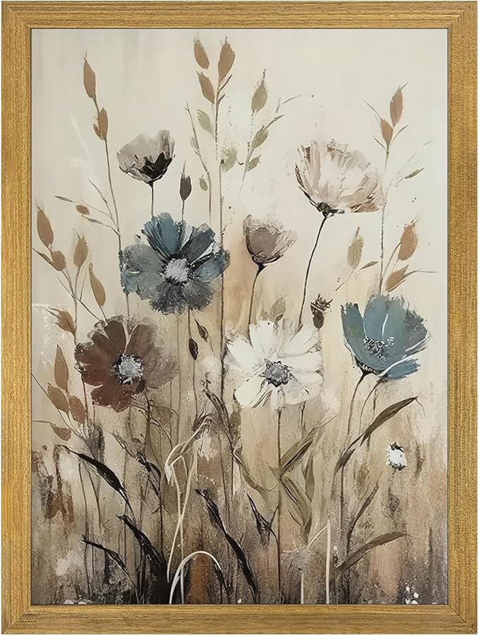 Yaneiro Wood Framed Vintage Wildflower Wall Art, Boho Canvas Wall Decor Paintings, Sage Flower Bathroom Decor, Countryside Farmhouse Landscape Posters Print for Bedroom Hallway Living Room 8x10 Inch
