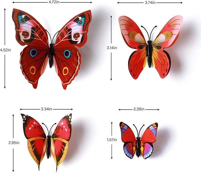 24pcs 3D Vivid Special Man-Made Lively Butterfly Wall Stickers Removable Butterflies Wall Decals 3D Nursery Art Decor for Kids Girls Bedroom Living Room Classroom Party Decoration Red