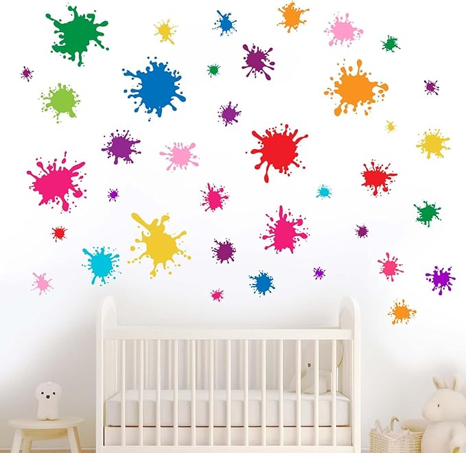 38pcs Colorful Paint Splatter Wall Decals - Graffiti Painting Splotches Wall Stickers - Nursery Kids Baby Girls Boys Room Daycare Kindergarten Playroom Classroom Wall Decor