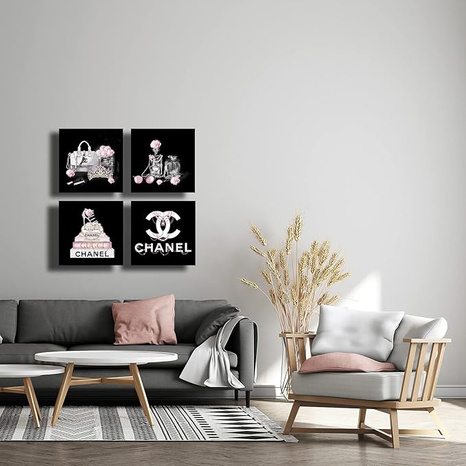 Black And White Wall Art/Pink Book Pictures Room Decor for Teen Girls/Women Handbag Perfume Wall Decor for Living Room/Fashion Canvas Artwork Size 10"x 10"x 4 Pieces