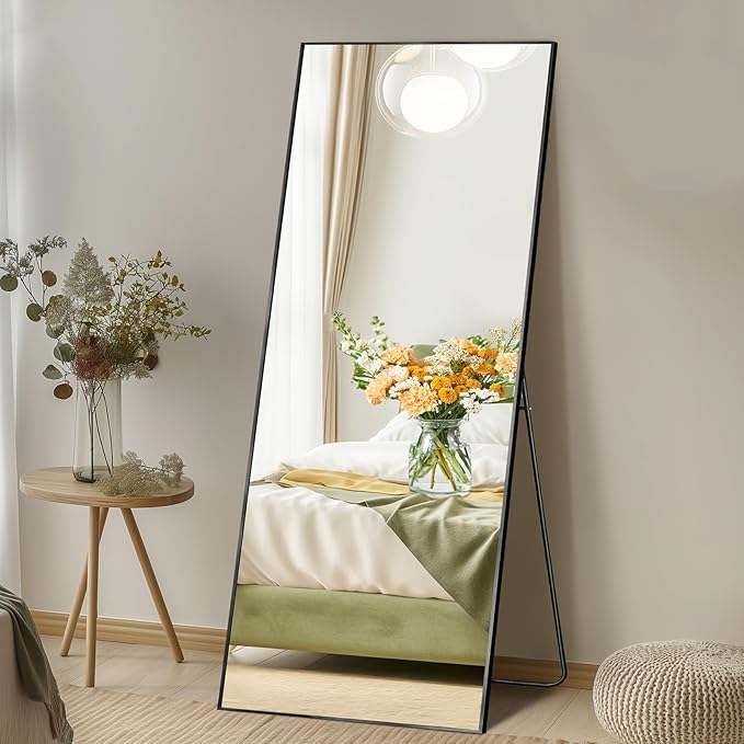 DUMOS Full Length Mirror with Stand 58"x19" Floor Standing Aluminum Frame for Bedroom Body Hanging Leaning Modern Simple Home Decor Shatter-proorf Nano Glass Wall Living Room Cloakroom, Black