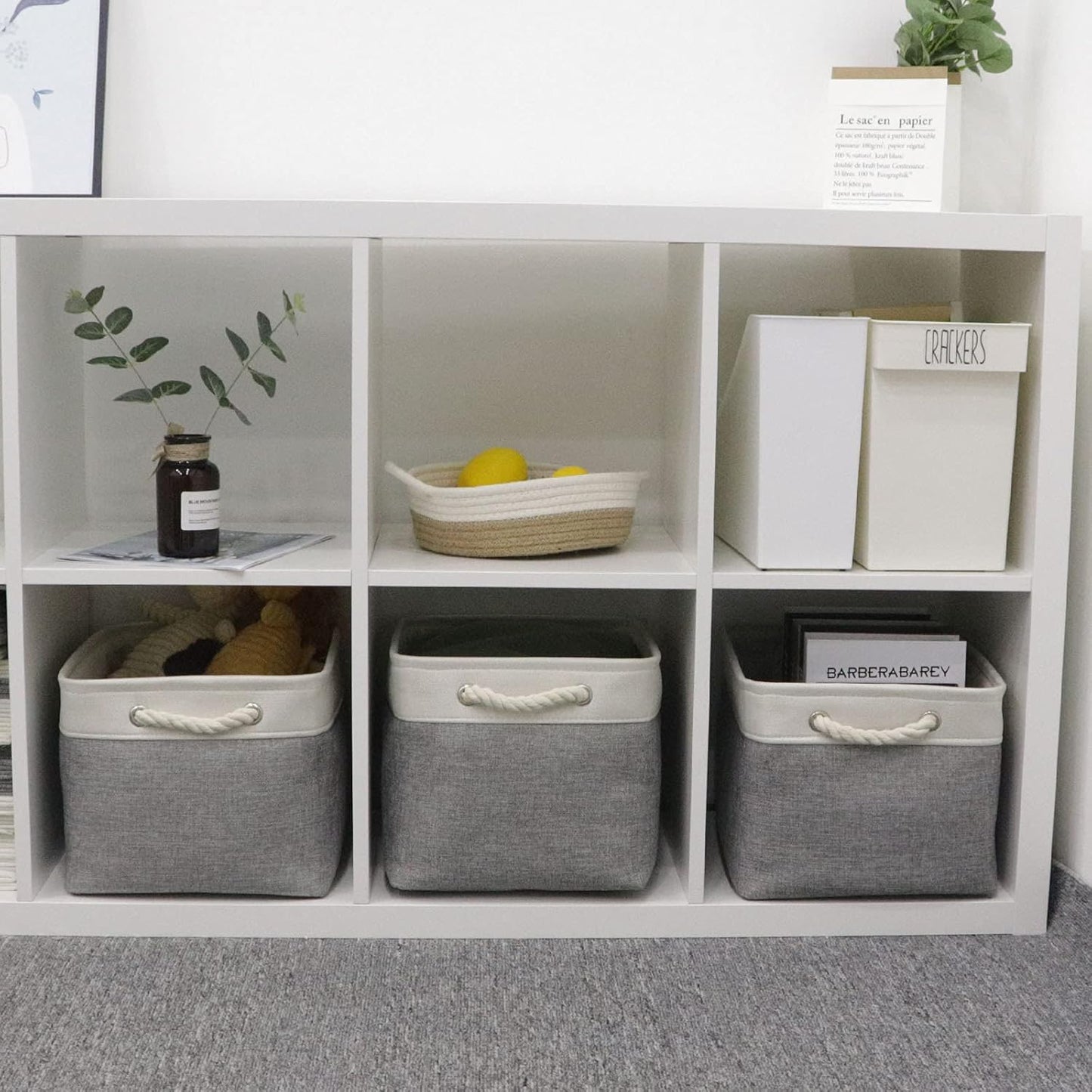 Bidtakay Baskets Set of 3 Storage Baskets for Organizing Large Fabric Storage Bins for Shelves Decorative Canvas Bins Collapsible Empty Baskets for Closet,Nursery,Clothes,Toys,Shoes(White&Grey)