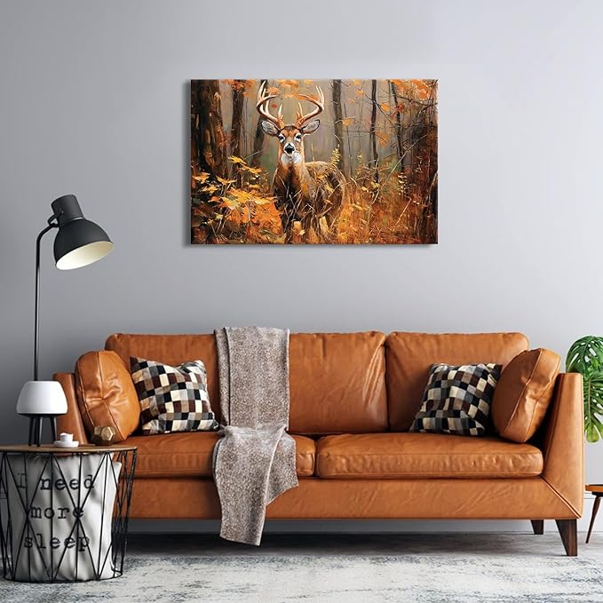 Deer Wall Art Fall Forest Wall Decor Nature Autumn Landscape Picture Rustic Wildlife Animal Canvas Prints Farmhouse Elk Painting Maple Leaves Artwork for Bedroom Living Room Home Decoration 24x36"