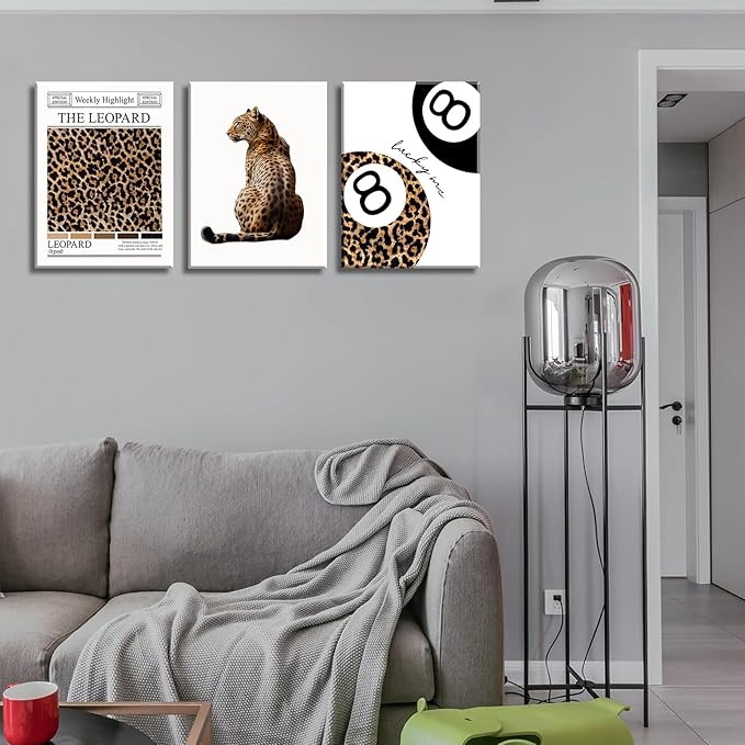 Set of 3 Trendy Leopard Canvas Wall Art Funky Lucky 8 Ball Posters Prints Preppy Room Aesthetic Cheetah Wall Decor Pictures for Girly Bedroom Apartment Dorm 16x24in
