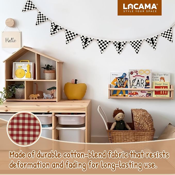 Lacama Cars Room Wall Art Decor Checkered Flag Banner for Toddler Nursery Playroom, Toddler Boy Room Decor，Black and White Checkered Garland Triangle Banners,Bunting Flags for Shower Birthday Party xsj