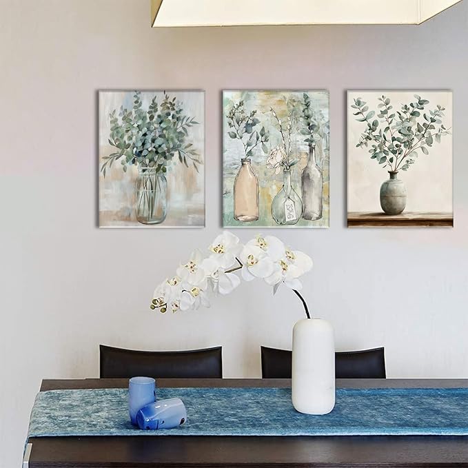 AOYUSMO 3 Piece Sage Green Eucalyptus Vase Canvas Wall Art for Kitchen Boho Botanical Framed Wall Art Floral Farmhouse Neutral Prints Artwork For Dining Room Living Room 16"x24"