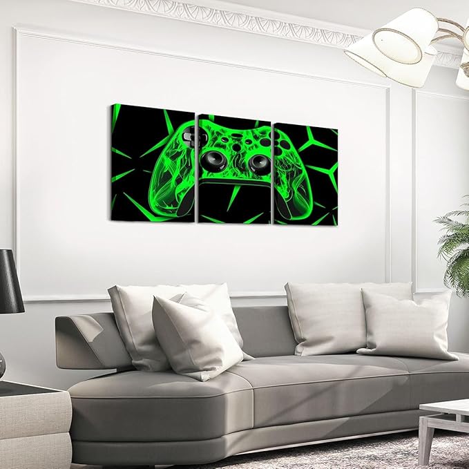 Feelyou Gamer Bathroom Wall Art for Home Decor Gamepad Canvas Wall Art for Bedroom Girls TeensGaming Gifts Office Wall Artwork Posters 12" x 16" 3 Piece Game Controller Green Wall Painting