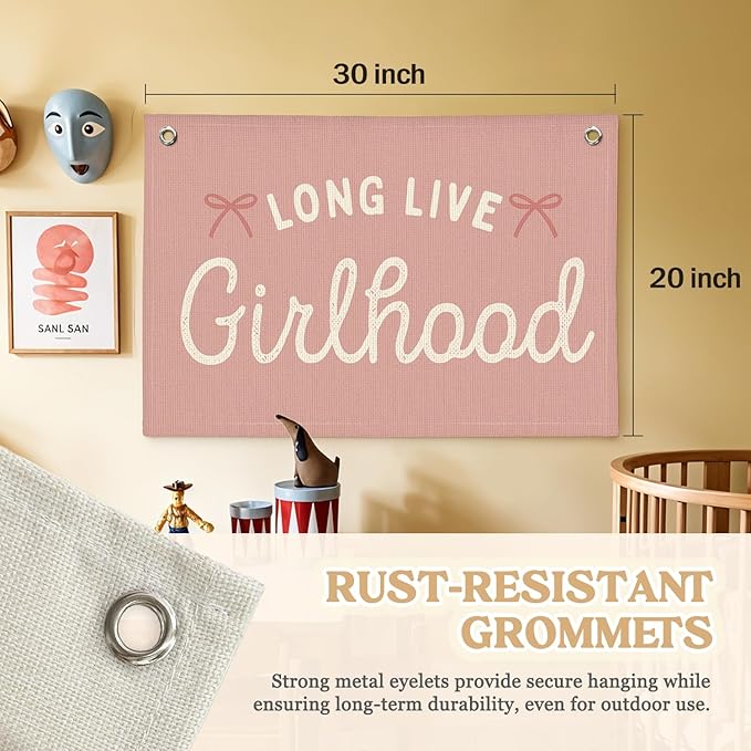 Girls Nursery Decor,Long Live Girlhood Linen Canvas Banner,Boho Girls Room Decor – Coquette Pink Bow Wall Hanging for Nursery Bedroom 30x20 Inch