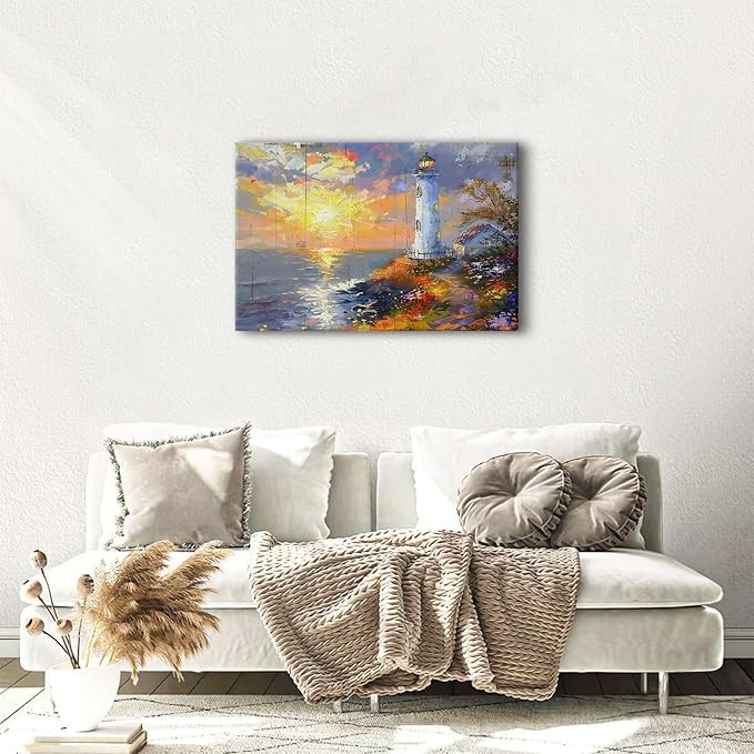 Lighthouse Wall Art Abstract Beach Wall Decor Sunset Coastal Canvas Prints Painting Ocean Landscape Picture Modern Seascape Artwork for Kitchen Bedroom Living Room Home Decoration 24x36"