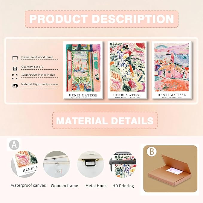 LYPHNX Framed Henri Mattise Canvas Wall Art Colorful Abstract Prints Poster Set of 3 Vintage Aesthetic Painting Picuter Floral Botanical Home Decor for LIving Room Bedroom Girls Room 12"x16"