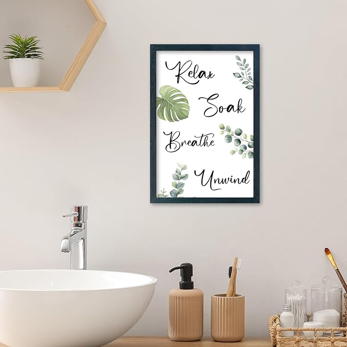 YWJKWLGS Bathroom Decor Relax Soak Breathe Unwind Framed Sign with Green Leaves, 11x16 Inch，Spa Wall Art for Modern Rustic or Farmhouse Style (Black)