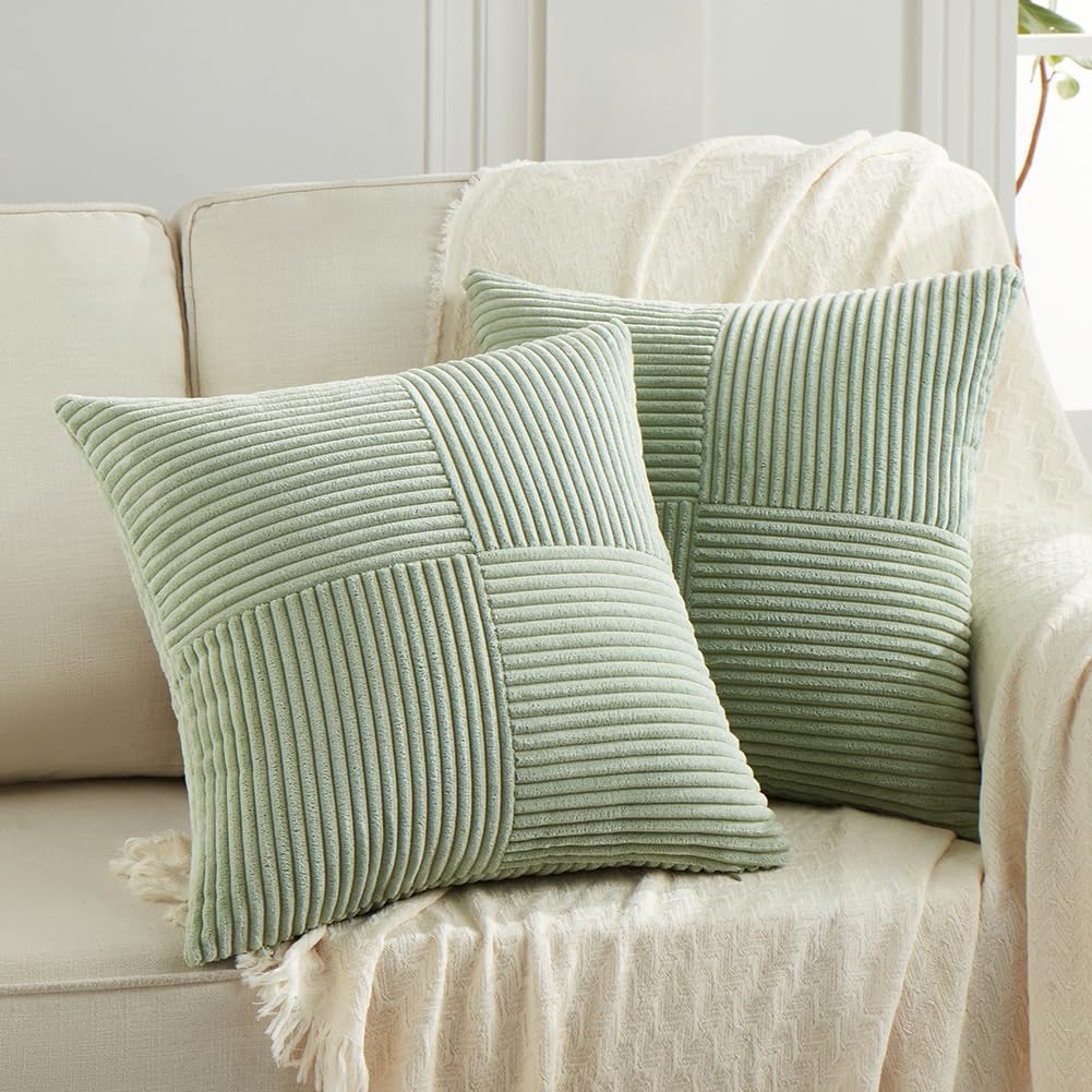 Fancy Homi 2 Packs Sage Green Samll Decorative Throw Pillow Covers 14x14 Inch with for Couch Bed Sofa, Rustic Farmhouse Boho Home Decor, Soft Corss Patchwork Corduroy Square Cushion Case 35x35 cm