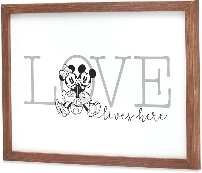 Disney Mickey and Minnie Love Lives Here Framed Wood Wall Decor - Classic Mickey Mouse Picture For Bedroom or Living Room