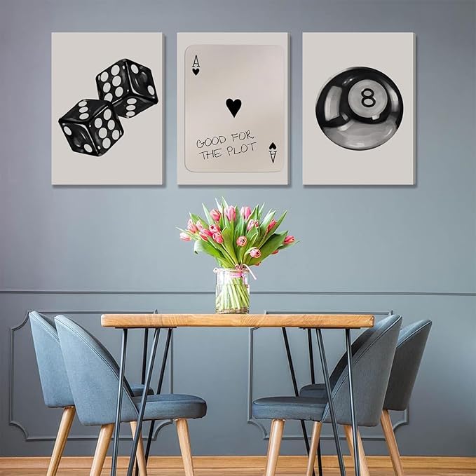3Pcs Black and White Poker Dice Canvas Wall Art Funky Retro Y2K Trendy Preppy Pictures Lucky 8 Ball Poster Prints Artwork Painting for Game Room Apartment Dorm Aesthetic Decor 16x24in