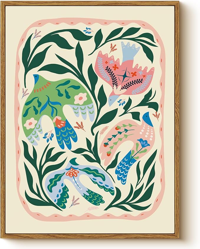 WHASAYART Framed Bird Wall Art 12"x16", Floral Botanical Illustration artwork, Colorful Birds Flowers, Nature Boho Style Print for Living Room Bedroom Nursery Wall Decoration