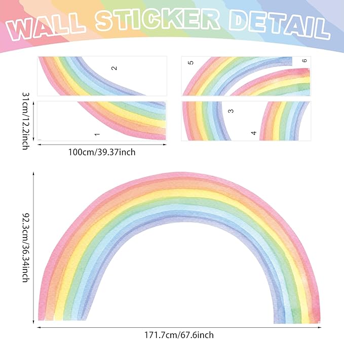 Large Rainbow Wall Decals - Colorful Wallpaper and Wall Stickers for Girls' Bedroom - Vibrant Rainbow Wall Art Decoration for Nursery and Classroom