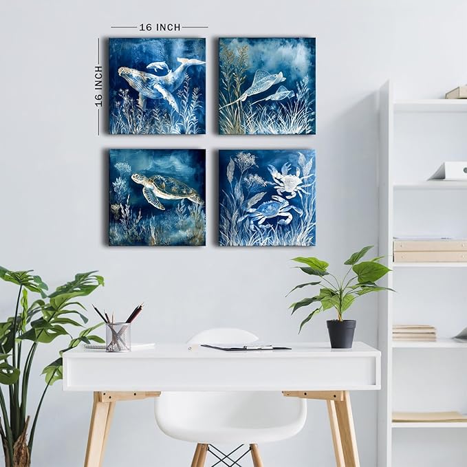 Ocean Beach Wall Art Blue Coastal Room Decor Nautical Canvas Prints Sea Turtle Whale Crab Stingray Pictures Paintings Underwater Marine Posters Artwork for House Beachy Bedroom Decoration 16x16” 4Pcs