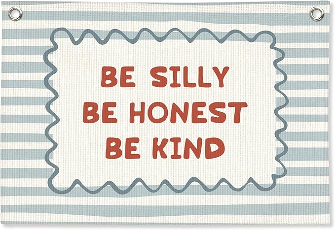 Blue Kids Room Decor, Boy Nursery Decor Boho Retro Classroom Wall Hanging Canvas Banner, Be Silly Honest Kind Classroom Wall Art Decor for Kids Nursery Toddler Room Bedroom Playroom, 30x20 Inch