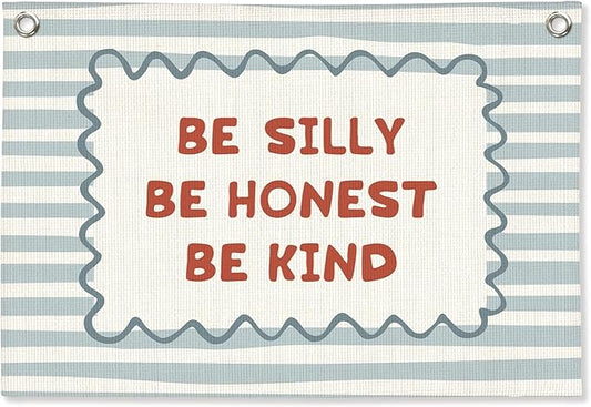 Blue Kids Room Decor, Boy Nursery Decor Boho Retro Classroom Wall Hanging Canvas Banner, Be Silly Honest Kind Classroom Wall Art Decor for Kids Nursery Toddler Room Bedroom Playroom, 30x20 Inch