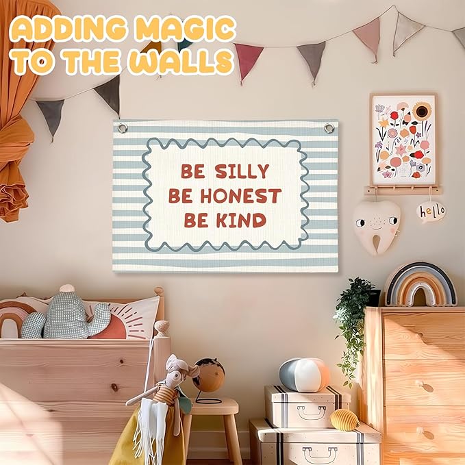 Blue Kids Room Decor, Boy Nursery Decor Boho Retro Classroom Wall Hanging Canvas Banner, Be Silly Honest Kind Classroom Wall Art Decor for Kids Nursery Toddler Room Bedroom Playroom, 30x20 Inch