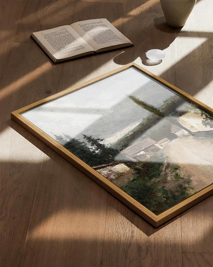 KBKBART Framed Wall Art, Vintage European Village Country Canvas Art Prints Farmhouse Decor, Vintage Oil Painting Picture, Rustic Landscape Wall Decor for Bathroom, Bedroom Living Room, Vintage Art(12"x16")