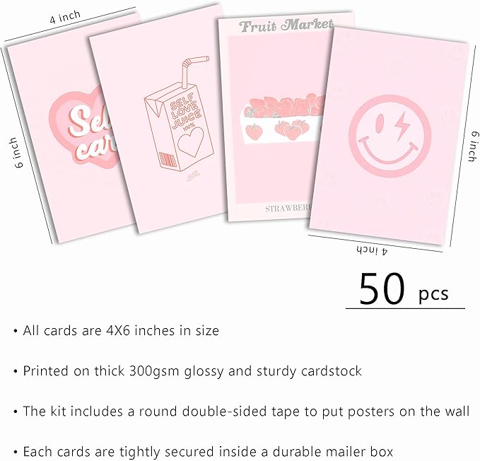 Pink Wall Collage Kit - Aesthetic Posters, Dorm Room Decor for Teen Girl (50pcs 4x6 inch)