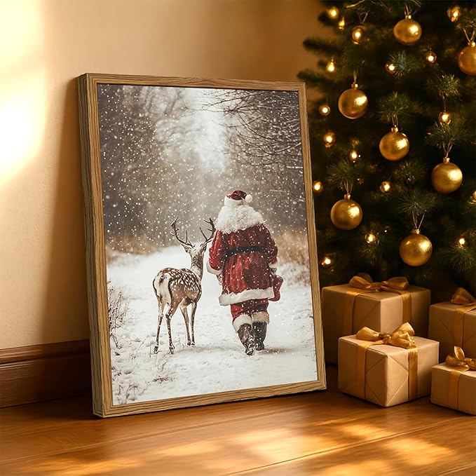 Framed Vintage Christmas Canvas Wall Art, Santa Claus Reindeer Snowy Forest Wall Decor Paintings, Rustic Winter Holiday Aesthetic Pictures Prints Xmas Home Decor for Living Room Bedroom 12×16 inch