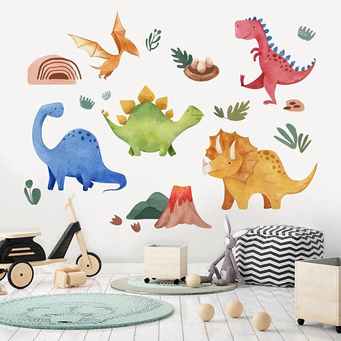 Yovkky Baby Dinosaur Wall Decals Stickers, Dino Volcano Cave Neutral Nursery Toddler Playroom Decor, Kids Room Home Decorations Girls Boys Bedroom Classroom Daycare Art