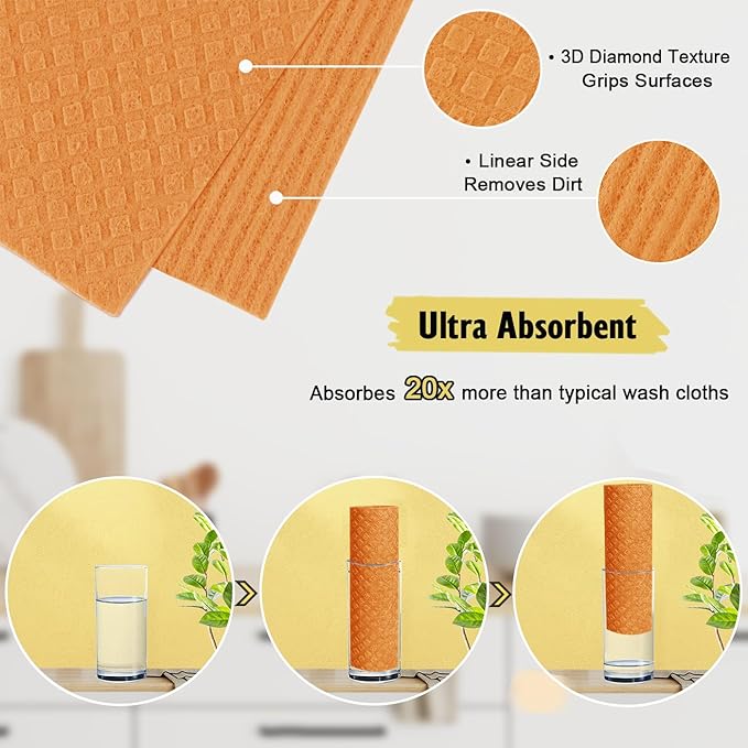 Swedish Dishcloths - 10 Pack Reusable Kitchen Dishcloths - Ultra Absorbent Dish Towels for Washing Dishes - Cellulose Sponge Cloth Cleaning Cloths - Orange