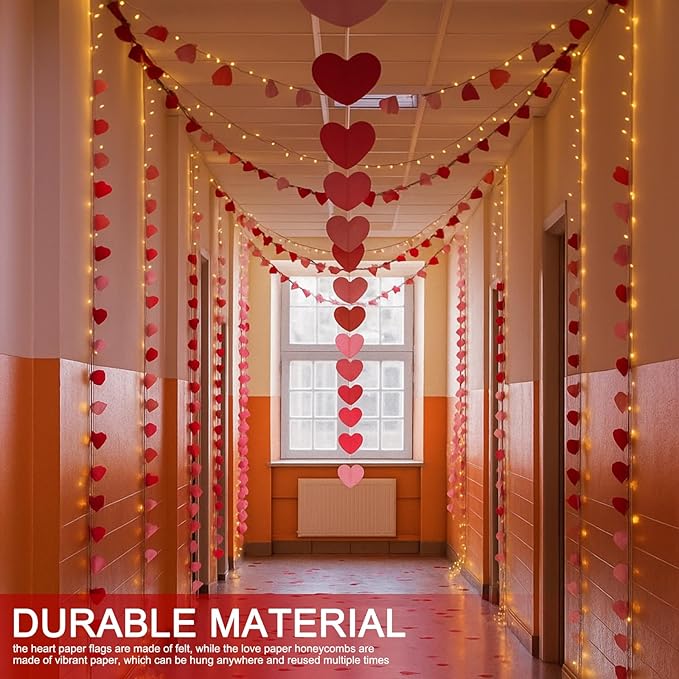 23 Pcs Valentine's Day Classroom Ceiling Decoration Kit with 15 Love Flags and 8 Heart Paper Flower Balls Heart Valentines Garland Accessories for Party Wall Office Classroom School Decor