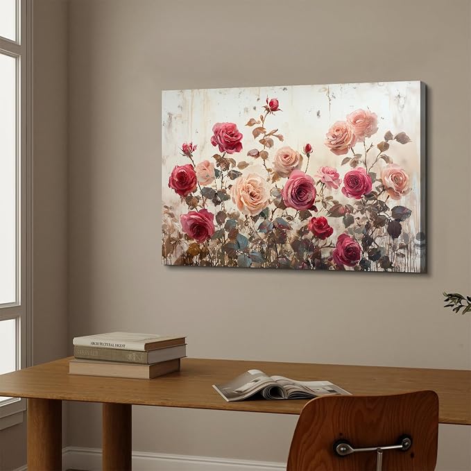 Rustic Floral Wall Art Pink Rose Wall Decor for Girls Bedroom Red Pink Roses Canvas Prints Pictures Retro Flower Painting Poster Farmhouse Artwork for Living Room Dining Room Home Decoration 16x24"