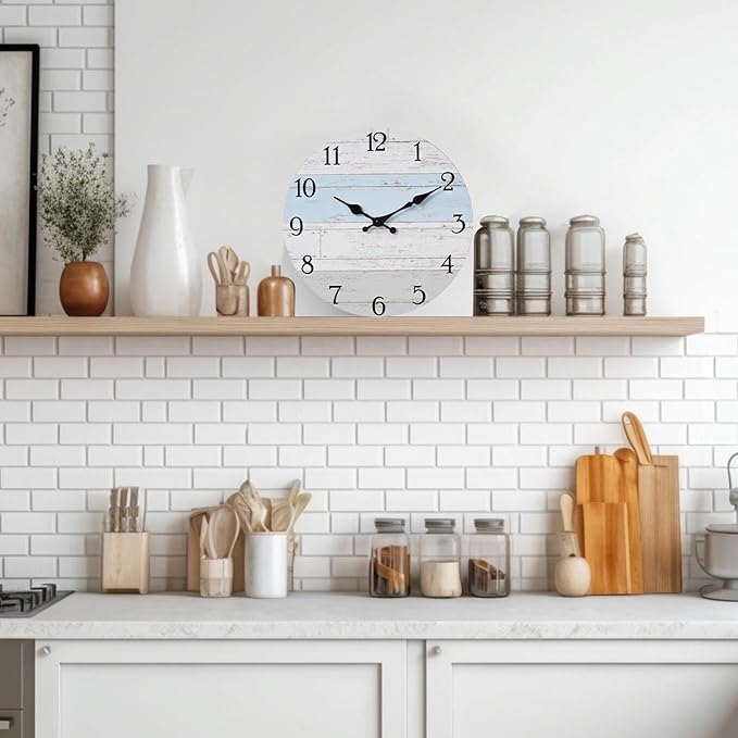 Wall Clock 8 Inch Silent Non-Ticking Coastal Beach Style Wall Clocks Battery Operated Rustic Retro Decorative for Kitchen, Bathroom, Living Room, Laundry Room(Azure Blue)