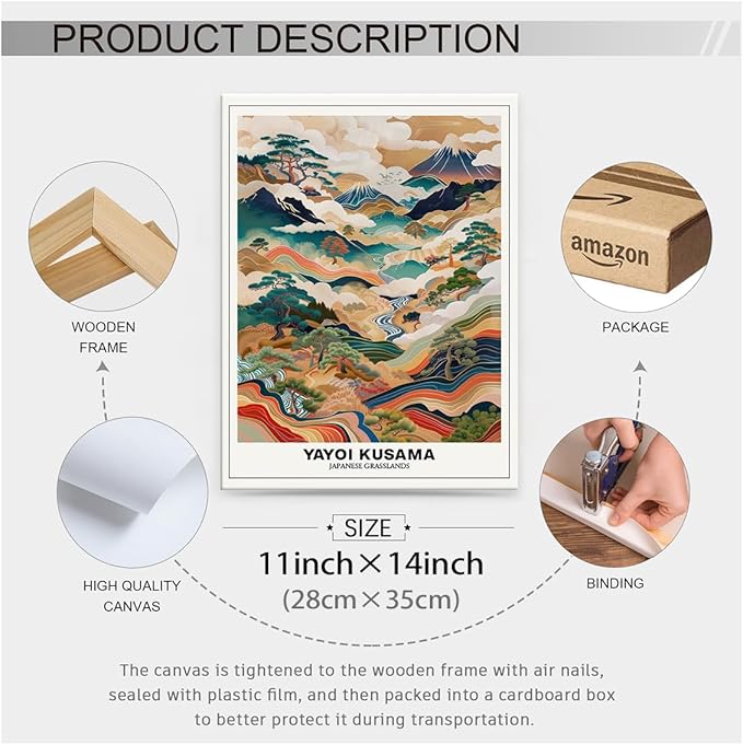 Vintage Yayoi Kusama Grasslands Posters Japanese Wall Art Yayoi Kusama Abstract Landscape Canvas Print for Stylish Room Bedroom Living Room Gallery Decor 11x14in Framed