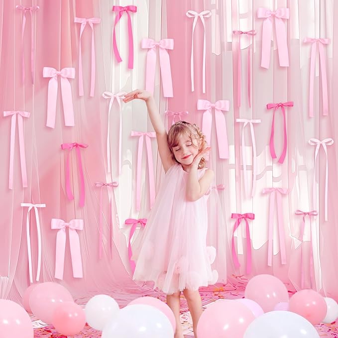 40Pcs Pink Bow Wall Decor, DIY Bow Photo Backdrop, Ribbon Bows Garland, Pink Bows Party Decor for Women Girls Birthday, Baby Shower, Bachelorette Wedding Party, Room Bedroom Decor