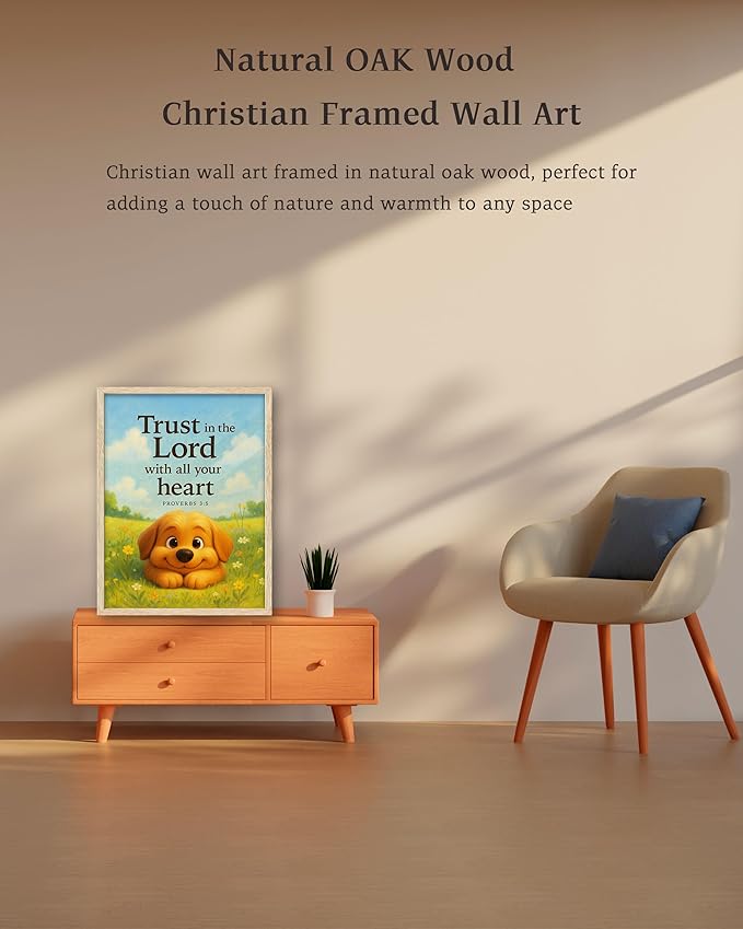 KensTro Natural OAK Wood Nursery Decor Framed Wall Art, 12x16 in Inspirational Christian Bible Verse Wall Art,Trust In the Lord with All Your Heart Proverbs 3:5 for Boys Girls Bedroom Decor Set of 1