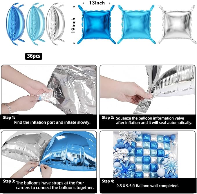 36pcs Blue and Silver Square Foil Balloons Wall Backdrop with 121pcs Balloon Garland Arch Kit, Double Sided Balloons for Birthday Bridal Shower Anniversary New Year Graduation Party Decorations