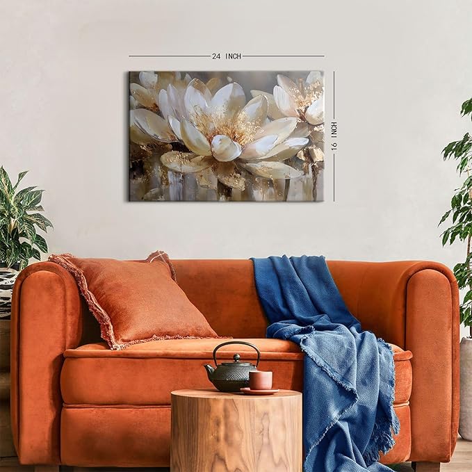 Lotus Flower Wall Art Abstract Floral Wall Decor Vintage White and Gold Flowers Canvas Wall Prints for Living Room Bedroom Zen Meditation Paintings Spa Yoga Posters Artwork Office Decoration 16x24"