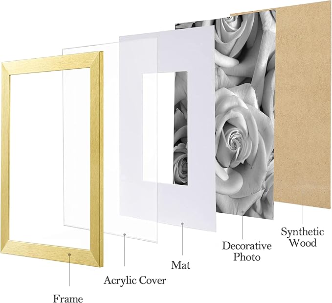 eletecpro 12x12 Picture Frames Set of 9 with Clear Acrylic Cover, Display 8x8 Photos with Mat or 12x12 Without, Classic and Sturdy Square Collage Gallery Wall Decor, Easy Wall Mount, Gold