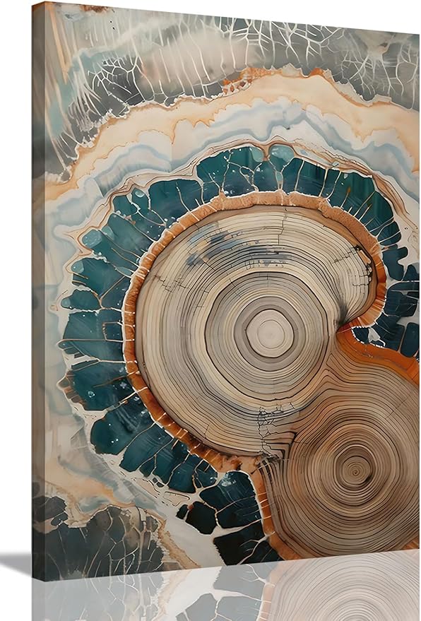 IBHJSART Framed Tree Ring Canvas Wall Art Vintage Colorful Wood Stump Painting Prints Modern Minimalist Pictures Neutral Nature Rustic Farmhouse Decor Living Room Bedroom Bathroom Office