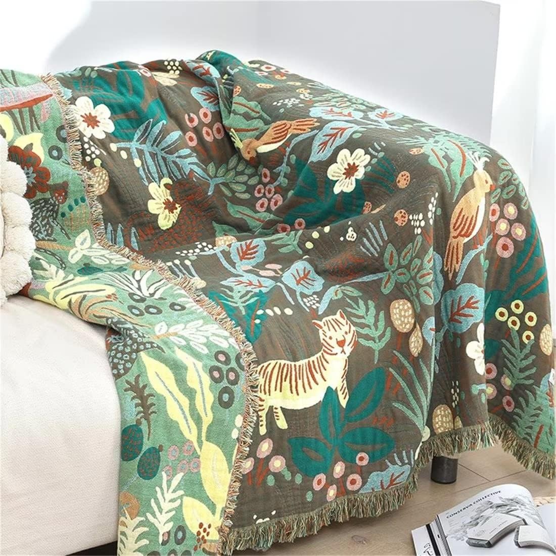 MSGKV 100% Cotton Throw Blanket for Couch Bed Sofa, Cotton Quilt Coverlet Reversible Mudcloth Throws, Soft Cozy Farmhouse Blankets 60''x 80'' Tiger Print Blanket for All Seasons
