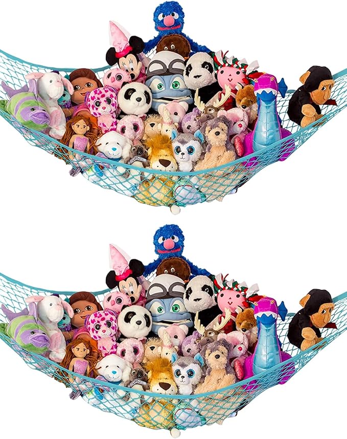 Lilly's Love Stuffed Animal Hammock | Corner Hanging Organizer, Toy Storage, Stuffed Animal Storage Net | Made from Quality Fishing Net, Holds 12lbs | 67"x47"x47" (Light Blue, 2 Pack)