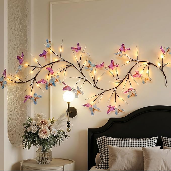 Willow Vine Light with Butterfly 48LED 5.9FT Enchanted Wall Decoration Vine Lights 8 Light Modes for Indoor Home Wall Decoration(Warm White)