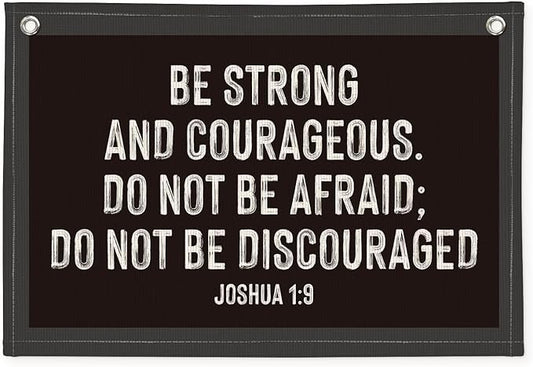 Christian Wall Art, Be Strong and Courageous Bible Verse Banner, Inspirational Linen Canvas Banner Wall Hanging Decor for Toddler Boys Room Nursery Playroom, Religious Gift for Kids